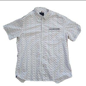 Denim Flower Cotton Button Down Short Sleeve Floral Slim Fit Shirt Size Large